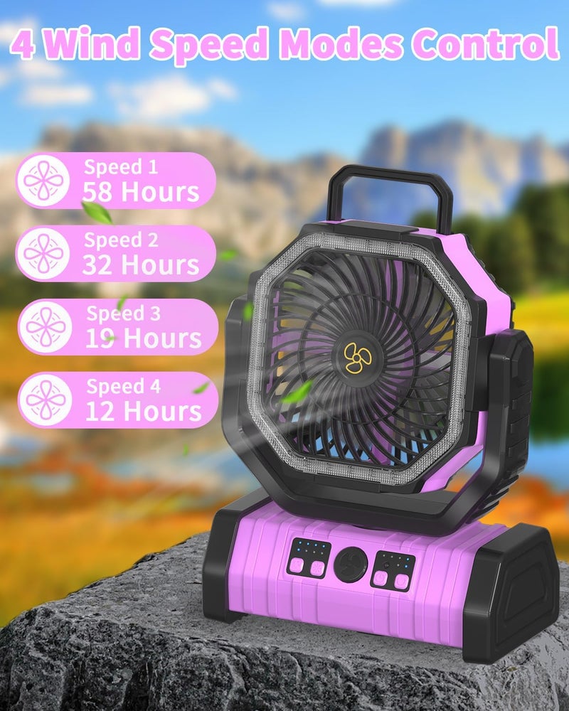 Adust Camping Battery Operated Powered Fan with LED Lantern Light Portable 20000mAh Rechargeable Oscillating Fan with 360° Rotation Hanging Hook for Tents, Cordless USB Desk Fan(Pink) - Image 3
